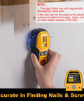 Using the 2-In-1 Rechargeable Cross Line Laser Level With Magnetic Stud Finder on a wall, highlighting LED bubble vial and warnings.