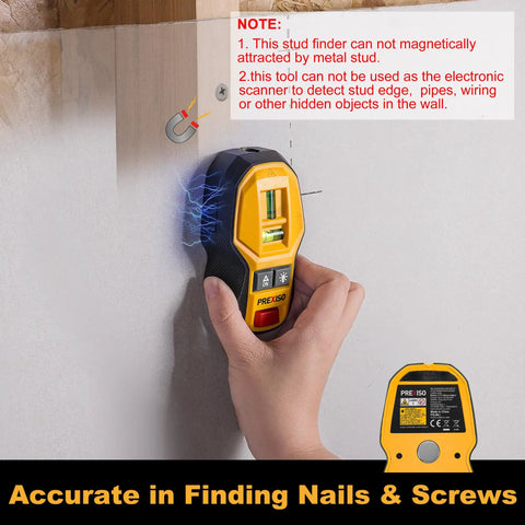 Using the 2-In-1 Rechargeable Cross Line Laser Level With Magnetic Stud Finder on a wall, highlighting LED bubble vial and warnings.