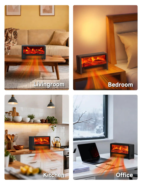 Small Space Heater With Realistic Volcanic Flame Ambiance For A Cozy Vibe 600W Portable Desk Heater in various rooms.