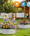 Two By Two By One Foot Galvanized Raised Garden Bed Set For Outdoor Use with colorful flowers in a yard setting, weatherproof icons above.