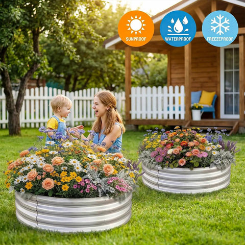 Two By Two By One Foot Galvanized Raised Garden Bed Set For Outdoor Use with colorful flowers in a yard setting, weatherproof icons above.