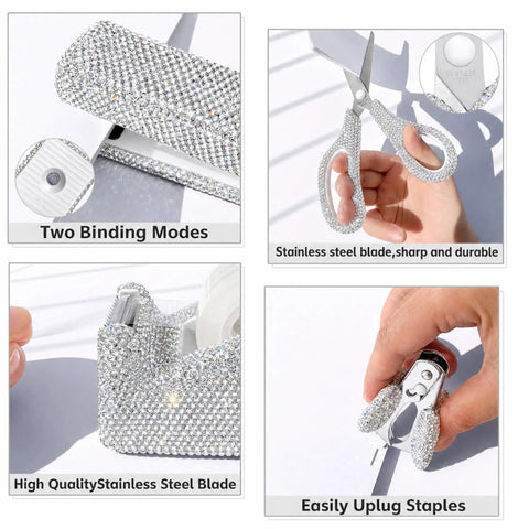 White Rhinestone Bling Stapler And Tape Dispenser Set With Glam Scissors And Staple Remover 1000 Staples Included