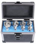 Eight HSS corner-rounding end mills in a blue foam-lined metal case, front view