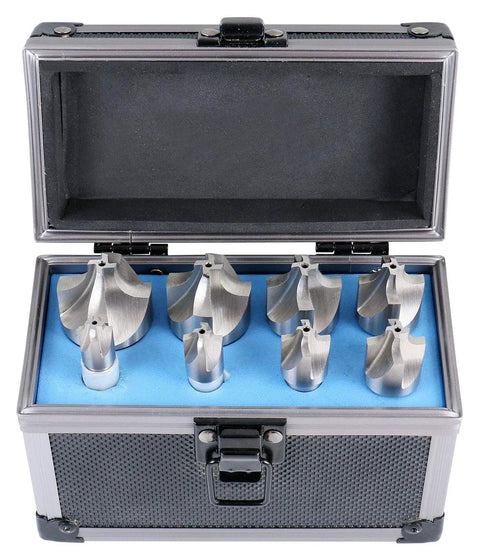 Eight HSS corner-rounding end mills in a blue foam-lined metal case, front view