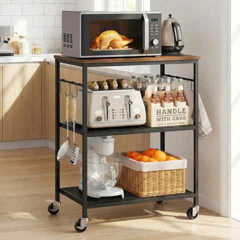 Smooth Rolling 3 Tier Kitchen Microwave Cart Sturdy Steel Build Easy Glide Casters with microwave and coffee maker setup.