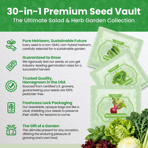 30-in-1 Premium Seed Vault packaging with salad and herb seeds, featuring 18,000+ heirloom seeds in a 30 varieties veggie garden pack
