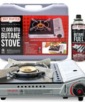 12,000 BTU Portable Butane Stove For Camping And Outdoor Cookin With Electronic Ignition, Wind Guard, Carry Case, And Adjustable Flame For Quick Boil To Gentle Simmer On Any Adventure displayed with fuel canister