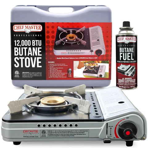 12,000 BTU Portable Butane Stove For Camping And Outdoor Cookin With Electronic Ignition, Wind Guard, Carry Case, And Adjustable Flame For Quick Boil To Gentle Simmer On Any Adventure displayed with fuel canister