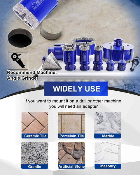 SHDIATOOL 10-piece diamond tile drill bit set in blue with assorted sizes for porcelain, ceramic, marble, granite.