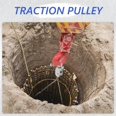 304 Stainless Steel Single Swivel Pulley Block, Beefy Heavy Duty Cable Pulley Wheel, Traction Roller For Wire Rope Lifting And Towing, Rugged Rigging Gear For Safe Hauling, used in a deep construction shaft