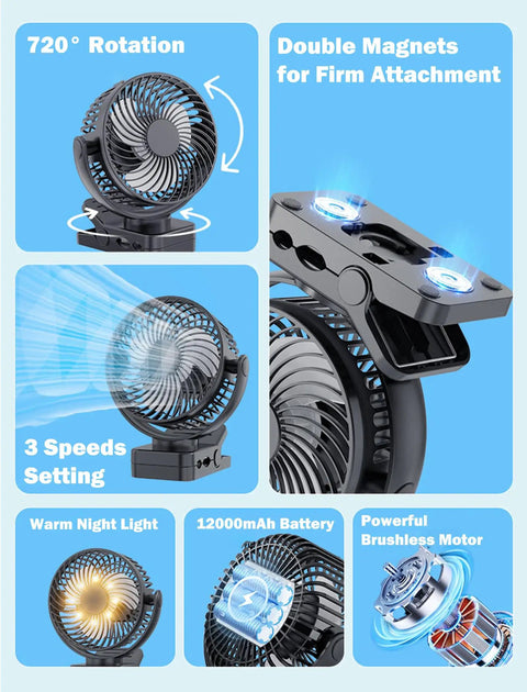 Two Pack Magnetic Clip On Fan For Golf Cart With 12000mAh Battery, showing 720° rotation, double magnets, 3 speed settings.