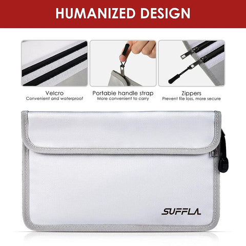 Fireproof Document Bag 11x7 Waterproof Multi Layer Money Safe with Zippers, velcro and handle strap details