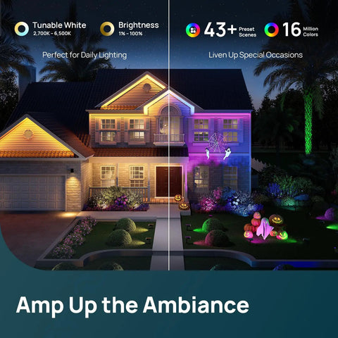 Smart Solar Spotlight Kit With Lit Color Changing Landscape Lighting illuminating a house at night with vibrant colors