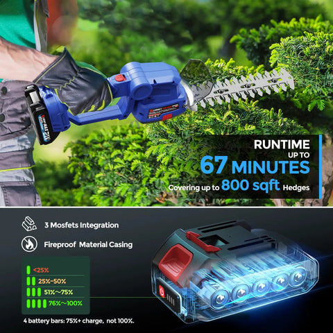 Cordless Hedge Trimmer With 21V Battery, 2-In-1 Grass Shears in use on a hedge, runtime of 67 minutes visible.