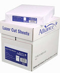 Front view: Alliance Lazer Cut Sheets box, white; letter-size perforated laser paper.