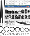 266 Piece 21 Sizes C Clip External Retaining Rings Set With Tweezer 65Mn Steel Snap Ring Kit For Axles Shafts And Moving Parts Pro Grade Heavy Duty Circlip Assortment For Shop And Automotive, showing organized rings and tweezers.
