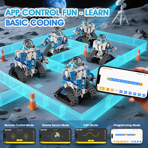 6 In 1 STEM Robot Building Kit With 780 Pieces, App And Remote Control Space Robot Toys For Kids Ages 8 To 14 on lunar surface