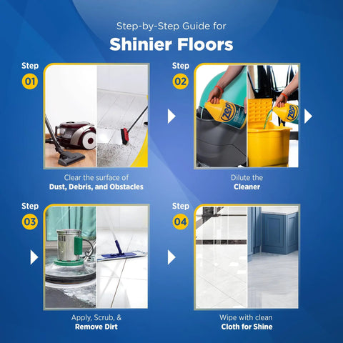 Step-by-step guide for using Neutral PH Industrial Floor Cleaner Concentrated Pro Grade Formula for all surfaces cleaning.