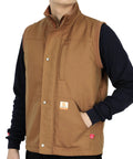Mens Heavy Duty Flame Retardant Work Vest Insulated For Winter Cold Weather displayed on a model, showcasing kangaroo pockets.