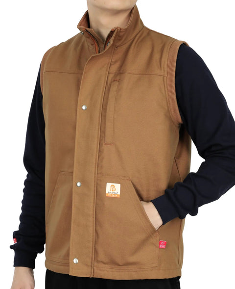 Mens Heavy Duty Flame Retardant Work Vest Insulated For Winter Cold Weather displayed on a model, showcasing kangaroo pockets.