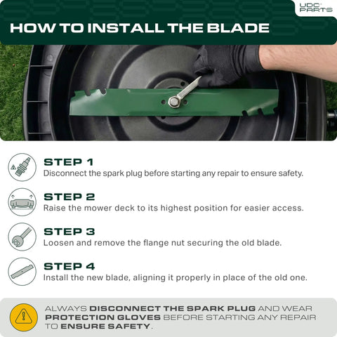 Installation guide for 42 Inch Mulching Mower Blades Replacement Set 2 Pack For 42 Inch Deck Lawn Tractors And Gators Compatible With D105 D110 D130 S100 E100 E110 E120 E130 Z225 LA105 LA115 LA135 S120 S130 D100 D125 AM141033 GX22151 GY20850