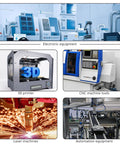 Industrial equipment collage with CNC machine tools, 3D printer, laser machines, and automation setup for DM542 CNC Digital Stepper Motor Driver