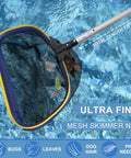 Deluxe Five-In-One Pool Cleaning Kit with 13-Foot Aluminum Pole and semi-deep skimmer net collecting leaves from pool