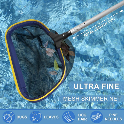 Deluxe Five-In-One Pool Cleaning Kit with 13-Foot Aluminum Pole and semi-deep skimmer net collecting leaves from pool