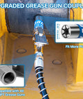 Installed LANNIU grease gun kit on yellow equipment; 8000 PSI pistol grip, 14 oz, 0.53 in coupler, 90-degree adaptor