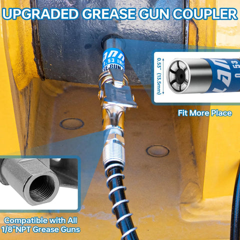 Installed LANNIU grease gun kit on yellow equipment; 8000 PSI pistol grip, 14 oz, 0.53 in coupler, 90-degree adaptor