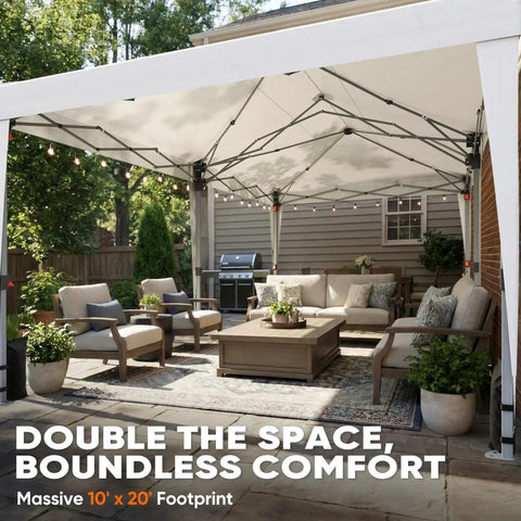 10x20 Pop Up Canopy Tent With Windows No Sidewalls Instant Outdoor Shelter For Parties Weddings Events Vendors Easy Setup 200 Sq Ft Of Shade Fits 15 To 20 People over a patio with outdoor furniture