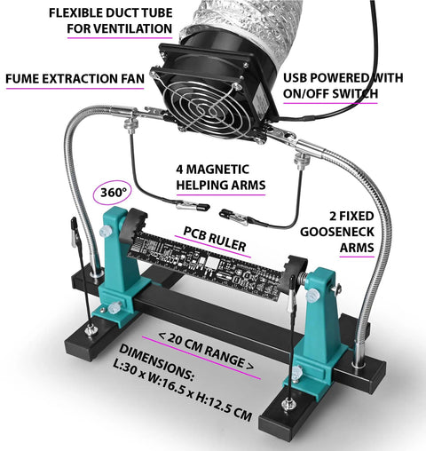 PCB Board Holder Soldering Station With 6 Adjustable Arms And 360 Degree Rotating Clamp Pro Grade Smoke Solder Fume Absorbing Fan