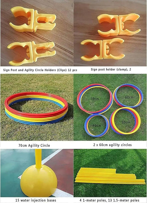 Drone Racing Obstacle Course Kit For Home And Outdoors showing clips, poles, agility circles, and water-filled bases