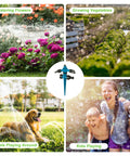 Collage of No Fuss Automatic Lawn Sprinkler System With 3 Adjustable Swivel Arms And 12 Nozzles operating in various settings