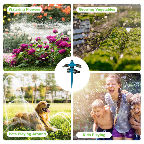 Collage of No Fuss Automatic Lawn Sprinkler System With 3 Adjustable Swivel Arms And 12 Nozzles operating in various settings