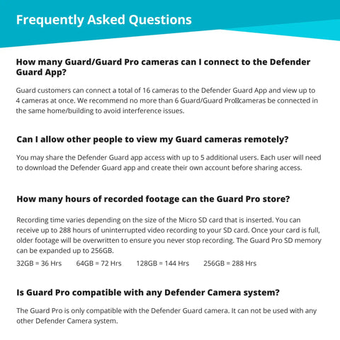 FAQ about Defender Guard App with camera connectivity, remote access, storage capacity, and system compatibility details.