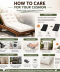 Outdoor chaise lounge with Ultra Comfy All Weather Outdoor Chaise Lounge Cushion Waterproof 74.4 Inch Long by 22 Inch Wide by 4.7 Inch Thick With Ties, informational care guide displayed.