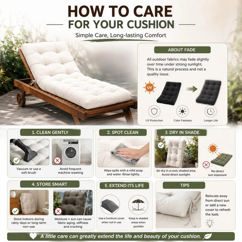 Outdoor chaise lounge with Ultra Comfy All Weather Outdoor Chaise Lounge Cushion Waterproof 74.4 Inch Long by 22 Inch Wide by 4.7 Inch Thick With Ties, informational care guide displayed.
