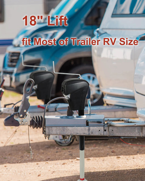 Front view of electric trailer jack on an A-frame trailer tongue, black housing, 18-inch lift, 12V DC.