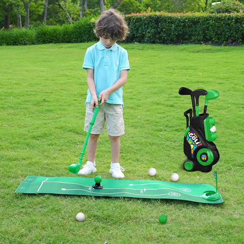 Toddler Golf Club Set For Little Legends Ages One To Four Featuring Retractable Mini Drivers Safe Chunky Plastic Balls Plus Portable Carry Bag Perfect Sweet Deal Playtime Gear For Boys Or Girls In Green, child practicing golf.
