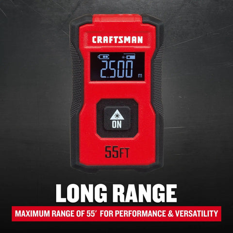 Handy Pocket Laser Distance Measurer With 55 Ft Range, Rechargeable Li Ion Battery, USB Charging, One Button Operation, And Backlit LCD Display For Quick, Easy Measurements On The Go. Red Craftsman unit