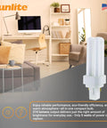U Shaped Plug In Fluorescent Lamp 7 Watt 360 Lumens 2700K Soft White Two Pin Base G23 shown with desk and bookshelves