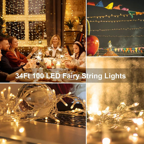 Battery Powered Christmas String Lights 33ft With 100 LED Remote Dimmable Timer Warm White Fairy Lights For Wedding Party Garden Decor Indoor Outdoor No Fuss Setup Safe For Kids And Pets