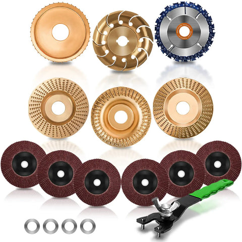 Wood Carving Disc Set For Four Inch And Four And A Half Inch Angle Grinders Includes Thirteen Discs For Shaping Carving Grinding Sanding And Polishing Plus Six Flap Discs Wrench And Conversion Rings, displayed with multiple discs and a wrench.