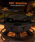 360-degree rotating grills on a 2 In 1 Backyard Fire Pit And Grill For Outdoor Gatherings, evening patio view.
