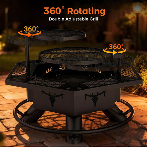 360-degree rotating grills on a 2 In 1 Backyard Fire Pit And Grill For Outdoor Gatherings, evening patio view.