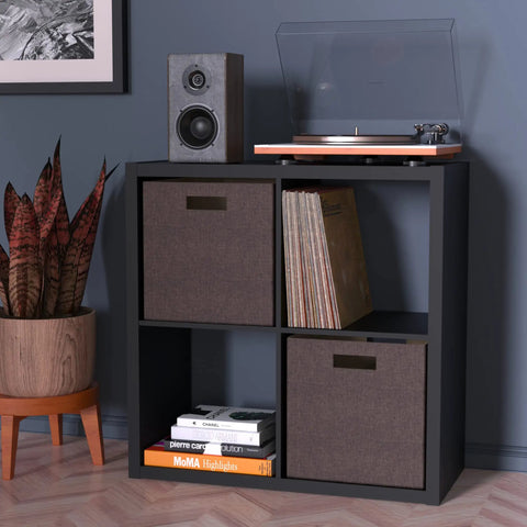 Open Back 4 Cube Storage Organizer In Black Built With A Sturdy Frame And Finished On Front And Back Perfect For Living Room Or Closet Organization Accepts 13 Inch Fabric Bins Easy Assembly holding books and records