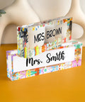 Acrylic Customizable Teacher Desk Name Plate with 12 Designs, 9 Fonts, showcasing "Mrs. Brown" and "Mrs. Smith," perfect for classrooms.