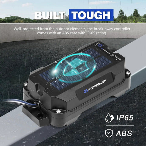Trailer Brake Controller Kit With Solar Panel 12V 3Ah LiFePO4 Battery Breakaway Kit shown on metal beam with IP65 rating