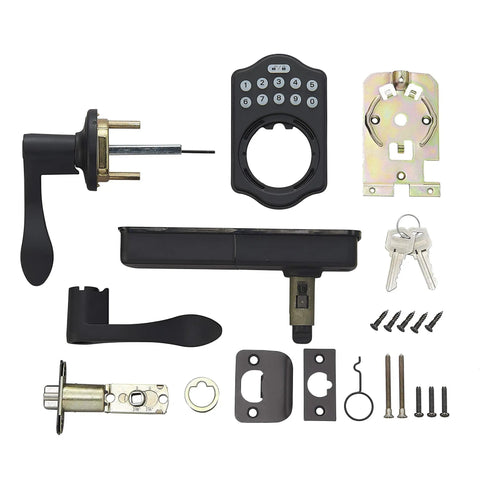 Keyless Entry Door Lock With Matte Black Handle Set And Electronic Keypad, Motorized Deadbolt For Front Door, components spread out